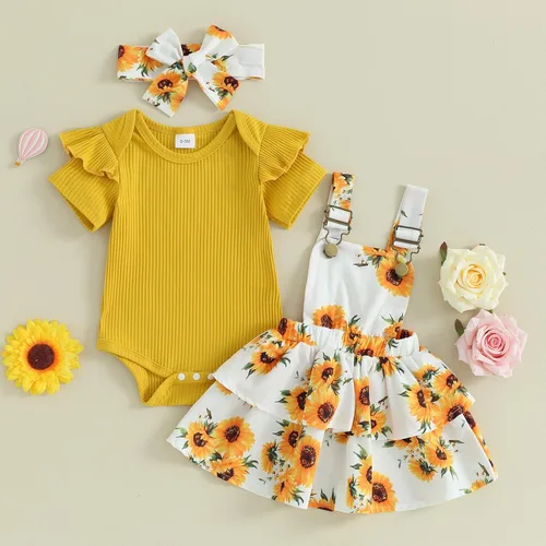 Vista 2 de Mubineo Ropa de verano para bebé niña, trajes lindos de manga corta, mameluco de manga corta, vestido con diadema, 3 piezas, traje para recién nacido