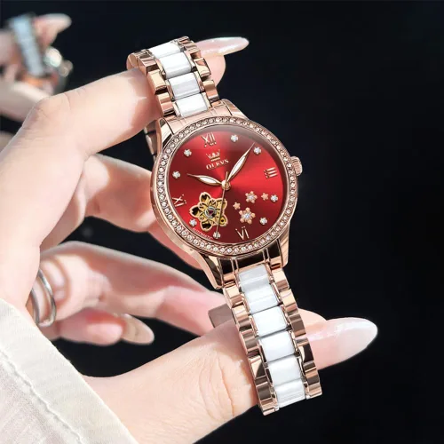 Vista 6 de OLEVS Relojes automáticos para mujer, reloj de vestir de lujo con diamantes para mujer, correa de cerámica de cuerda automática, impermeable, juego