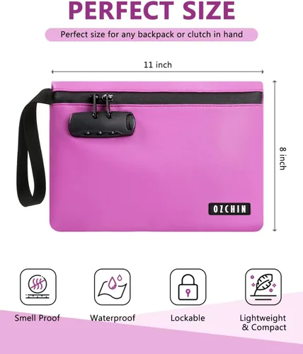Vista 13 de OZCHIN Bolsa a prueba de olores con cerradura de combinación de 10 x 7 pulgadas, bolsa de bloqueo de piel sintética impermeable con cerradura, gran