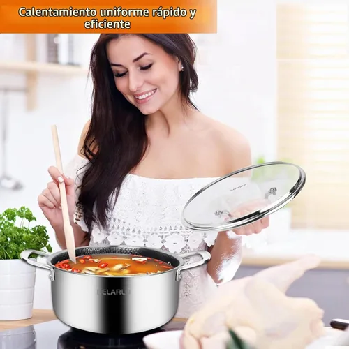 Vista 4 de DELARLO Olla de acero inoxidable de tres capas, ollas antiadherentes de 5 cuartos, listas para inducción, ollas de cocina con tapas, olla apta