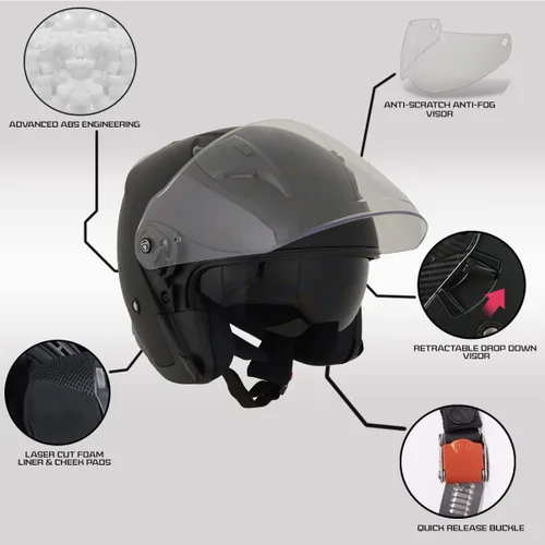 Vista 2 de Milwaukee Performance Helmets MPH9805DOT Shift Open Face 3/4 Matte Black Helmet Biker w/ Drop Down Visor