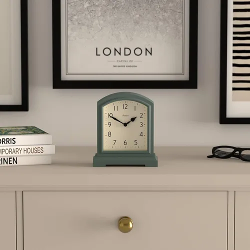 Vista 2 de JONES CLOCKS® Tavern - Reloj de repisa Diseño moderno de arco superior Verde espárragos Estilo clásico contemporáneo para escritorio, mesa