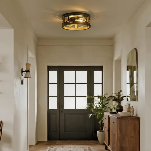 Vista 4 de Lámpara de Techo Estilo Granja, Lámpara de Techo Empotrada Redonda de 2 Luces con Marco de Madera y Metal, Luminaria Rústica Negra para Pasillo