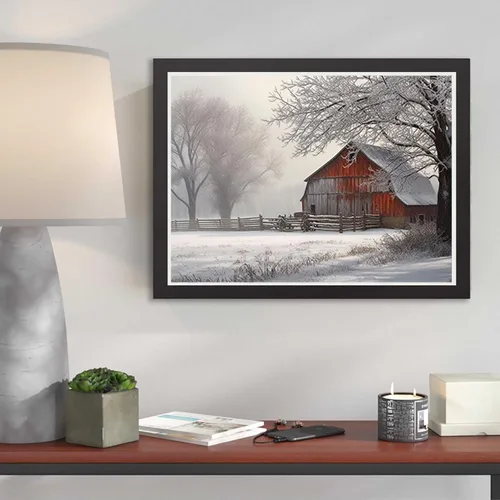 Vista 4 de Pintura de diamantes, árbol de nieve, niebla, granero rural, granero, kit de invierno para adultos, pintura de diamantes por números, arte de gemas