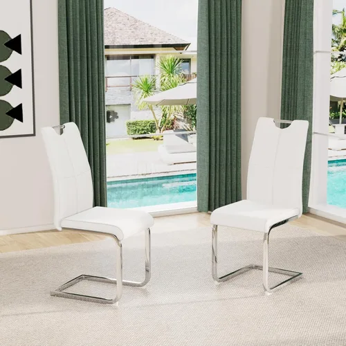 Vista 44 de Juego de sillas de comedor modernas (2 unidades) de piel sintética PU con respaldo alto tapizadas con patas doradas de metal para cocina y comedor