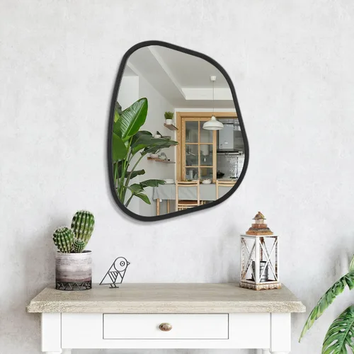 Vista 4 de Espejo de pared asimétrico negro grande de 20 x 16 pulgadas, espejo ovalado irregular, marco de madera moderno, forma única, espejo artístico