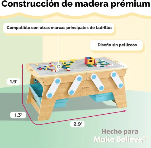 Vista 3 de KidKraft Building Bricks Play N Store Mesa de madera, almacenamiento de juguetes para niños con contenedores, más de 200 bloques de construcción