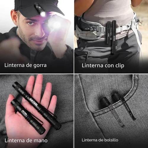 Vista 6 de Mini linterna táctica con LED, de la marca Hatori, con baterías AAA