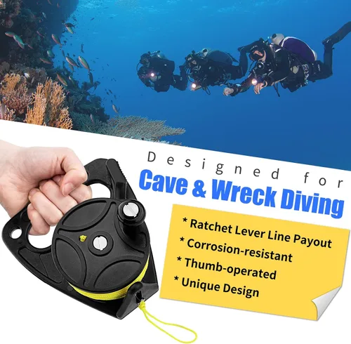 Vista 2 de Carrete de buceo con tapón de pulgar, resistente 46m/150ft White Line SMB Scuba Ratchet Dive Reel con interruptor de tope de mango para cueva