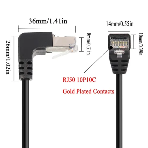 Vista 4 de QIANRENON Cable de extensión Ethernet de montaje en panel RJ50 10P10C de 90°, 10P 10C hembra a macho en ángulo recto, Cat5E, blindado, 11.8 in/11.8