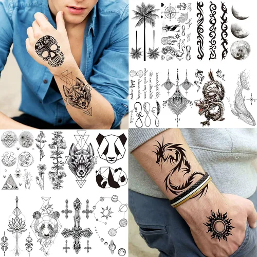 Vista 6 de VANTATY 66 hojas de tatuajes temporales negros pequeños en 3D para mujeres y hombres, impermeables, calcomanías falsas para rostro, cuello, brazo