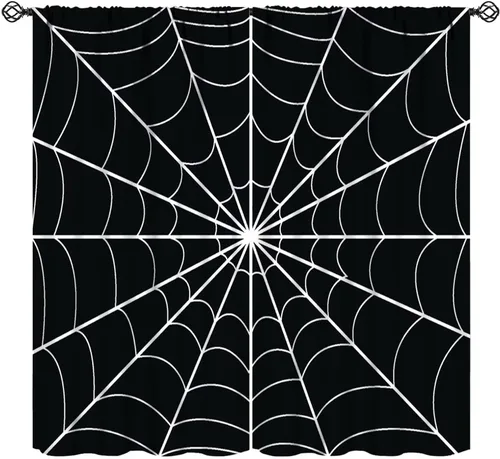 Vista 9 de JESTRONRY Cortinas de telaraña, telaraña espeluznante de Halloween, gótico, naranja, aterrador, tratamiento de ventana, cortinas opacas