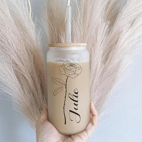 Vista 11 de Regalos personalizados para mejores amigas para mujeres, tazas de vidrio de 16 onzas con tapas y pajitas, taza de café helado, vaso