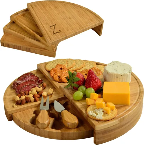 Vista 16 de Tabla Picnic at Ascot de bambú, para aperitivos, con herramientas para queso, espirales de una cuña compacta de 13 pulgadas de diámetro, patentado