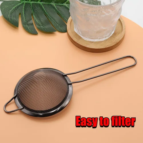 Vista 4 de Colador de malla fina negra – Tamiz de mano de acero inoxidable 304, filtro de cocina pequeño para hornear, té y cóctel (8.3 pulgadas)