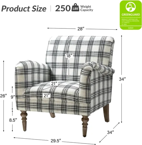 Vista 2 de HULALA HOME Silla decorativa moderna con brazos y patas de madera, cómodo sillón tapizado para dormitorio, sala de estar (patrón a cuadros, negro)