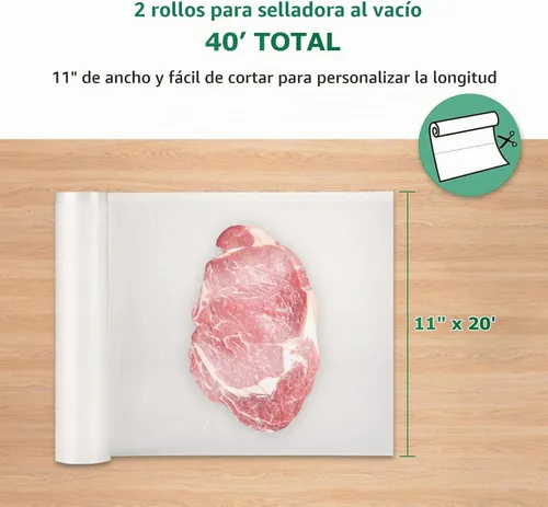 Vista 4 de FRESKO Rollos de bolsas de sellado al vacío 2 paquetes de 11" x 20', Bolsas de grado comercial para sellar una comida para almacenamiento
