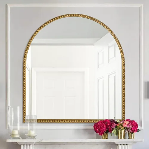 Vista 2 de Espejo de baño arqueado de 33 x 31 pulgadas, espejo de pared dorado antiguo, marco de cuentas de metal, espejo de tocador para tocador, sala de Arco