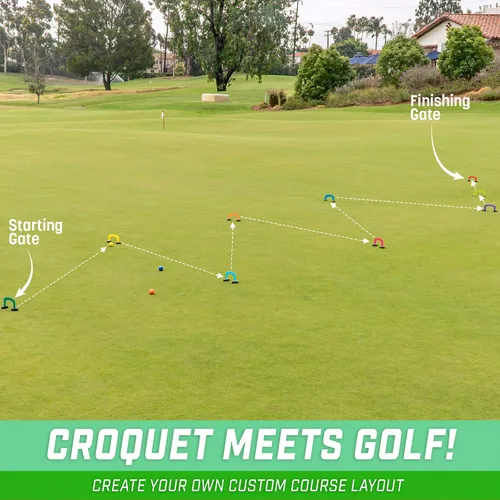 Vista 4 de GoSports Putt-Thru Juego de Croquet de Golpeo - Incluye 9 Puertas, 4 Bolas de Golf y Bolsa de Transporte - ¡Juega en Casa, en la Oficina