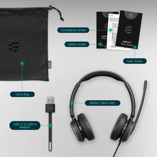 Vista 5 de EPOS Impact 860T ANC - Auriculares con cable de doble cara con cancelación activa de ruido, certificado por Microsoft Teams, USB C y USB A, audio