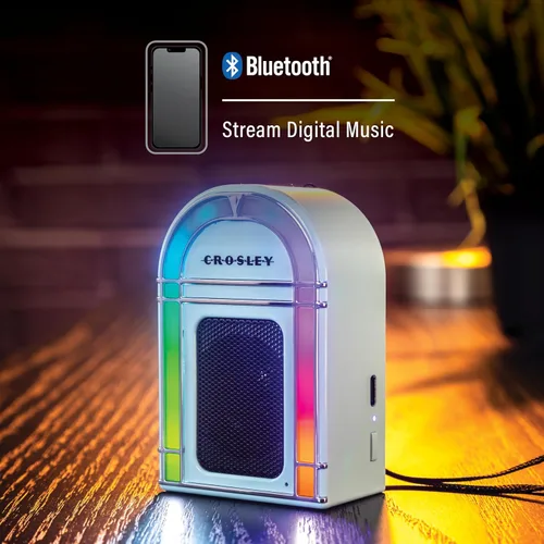 Vista 4 de Crosley CR3046A-AB Mini Jukebox Altavoz Bluetooth portátil con luces LED y micrófono, azul aguamarina