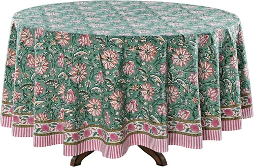Vista 43 de Mantel redondo con estampado de bloque a mano, 100% algodón, reutilizable, color verde espárragos, 60 pulgadas, mantel decorativo para uso diario