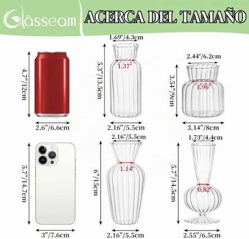 Vista 2 de Juego de jarrones de botones de vidrio transparente moderno: Glasseam 4 piezas de jarrones pequeños de flores para centros de mesa hechos a mano