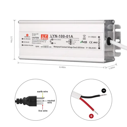 Vista 5 de Controlador LED de 100 vatios, 110 V CA a 12 V CC, salida de bajo voltaje, adaptador de transformador de bajo voltaje impermeable IP67 con enchufe
