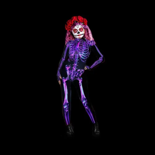 Vista 3 de ACHIFSJOVT Disfraces de Halloween para mujeres y niñas, disfraz de esqueleto rosa, cosplay, para mujer, niña y bebé, divertido