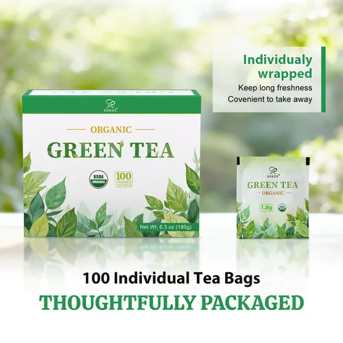 Vista 4 de Soeos Té verde orgánico, 6.3 oz (180 g), 100 bolsas de té, refrescante y fragante, de origen sostenible, ideal para té caliente o helado, frescura