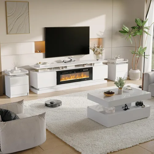 Vista 24 de 2 Piece Modern Table Set Includes 70" Fireplace TV Stand & 47" Coffee Table with Charging Station and USB Ports, for Living Room, Black
