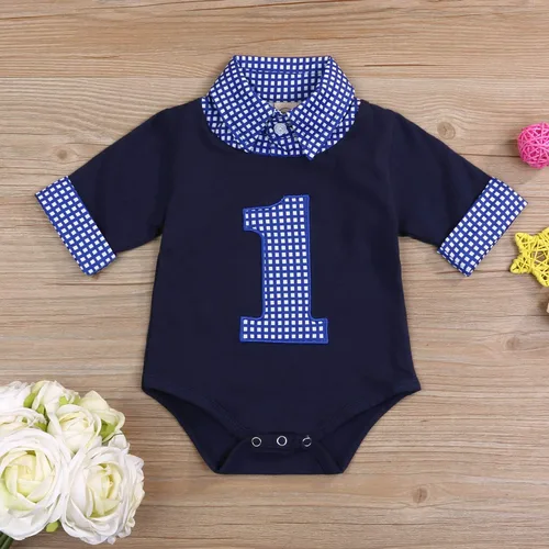 Vista 2 de Ropa de primer cumpleaños para bebé niño con cuello alto a cuadros overol de manga larga con diseño de pastel