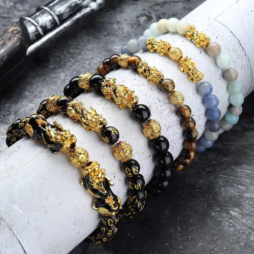 Vista 4 de sailimue Juego de 6 pulseras Feng Shui Pixiu de buena suerte para hombres y mujeres, pulsera de cuentas de ojo de tigre de piedra natural, pulsera
