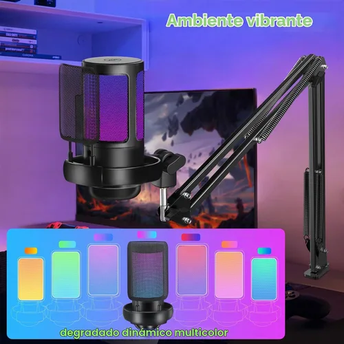 Vista 3 de KingSom - Micrófono USB para juegos, micrófono de condensador con cancelación de ruido con brazo articulado, micrófonos para podcast RGB