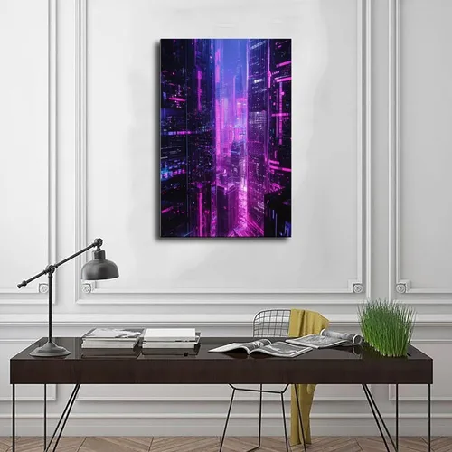 Vista 3 de XAHOR Impresión artística retro de ciencia ficción ciberpunk, póster de escena nocturna de rascacielos de neón, póster de lienzo para decoración