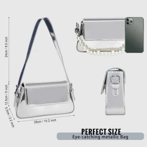 Vista 4 de shoowyees Evening Y2k - Bolso Hobo brillante para mujer, bolso plateado brillante, bolso de mano metálico, bolso de hombro 2023