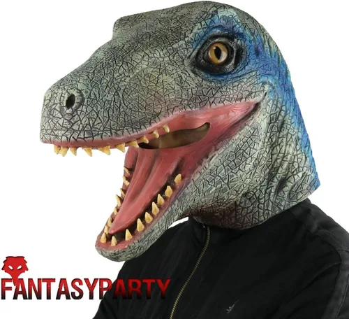 Vista 2 de Máscara de animales de Halloween, disfraz de fiesta de látex, máscara de cabeza de dinosaurio, velociraptor