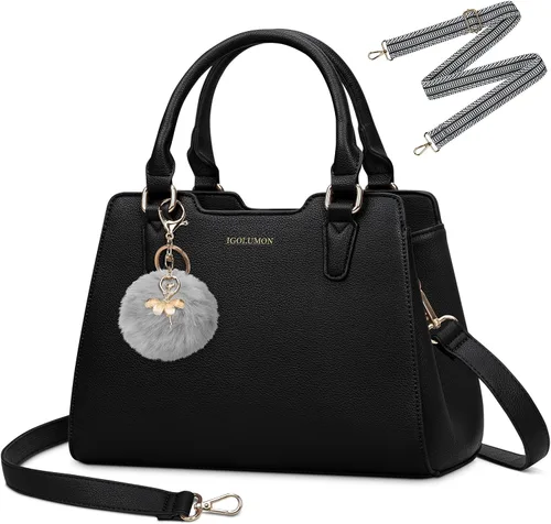 Vista 8 de IGOLUMON Bolso de mujer con asa superior de cuero vegano sintético Satchel Monedero para mujer Bolso de mano de diseñador con lindo pompón