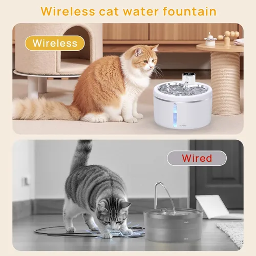 Vista 2 de Fuente de agua inalámbrica para gatos con bandeja de acero inoxidable, fuente de agua para mascotas de 102 oz/3 L para gatos en el interior, fuente