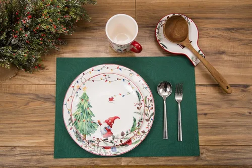 Vista 4 de Bico Juego de 4 platos de ensalada de gnomos de Navidad, platos de postre de cerámica de 8.75 pulgadas para ensalada, aperitivo, guarniciones