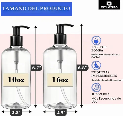 Vista 2 de 3 paquetes de botellas transparentes de 10 onzas con bomba negra Bomba transparente-negra
