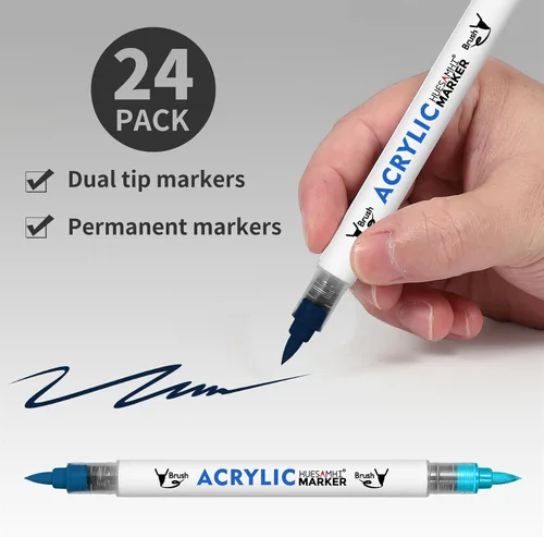 Vista 2 de Acrylic Paint Markers, 24 Pack Dual Tip Brush Pens - 48 Colors Double Ended Permanent Markers for Rock Painting, Ceramic, Glass, Wood, Canvas & Art
