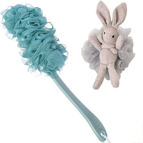 Vista 9 de Cepillo de baño de mango largo para ducha + esponja de baño gris Luffa