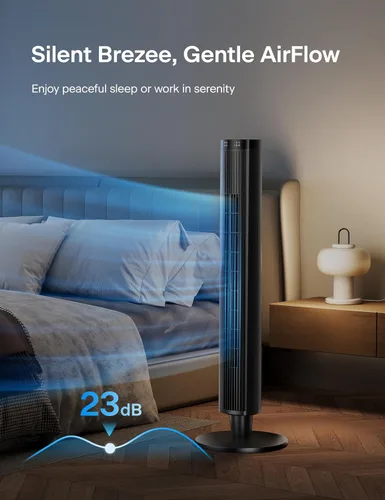 Vista 5 de PELONIS - Ventilador de torre de 42 pulgadas para dormitorio – 26 pies/s, ventilador de torre oscilante de 90° con control remoto, pantalla LED