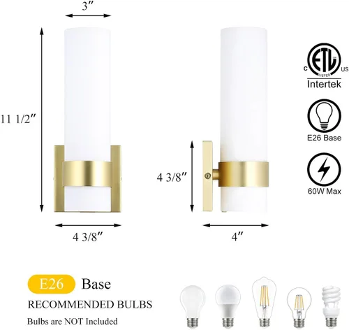 Vista 5 de XiNBEi Lighting XB-W1185-SB - Aplique de pared ADA, lámpara de tocador de baño vintage con tubo de vidrio acabado de latón satinado para cocina