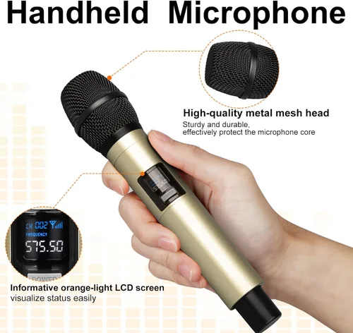 Vista 4 de Depusheng Micrófono inalámbrico DX4 con 4 micrófonos dinámicos UHF profesionales, sistema de micrófono de mano inalámbrico para karaoke, canto