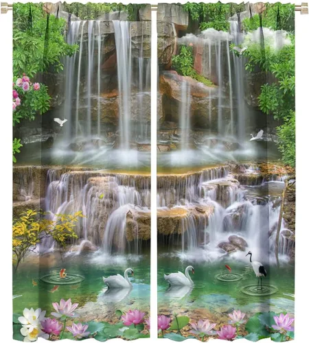 Vista 76 de Cortina opaca de bosque de verano, diseño de ramas de bosque, con bolsillo para barra, cortinas farbic con bolsillo para barra, comedor, cafetería