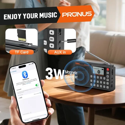 Vista 4 de PRUNUS J168 AM FM Radio Altavoz Bluetooth, preestablecido, excelente recepción, reproducción de tarjeta TF, temporizador de sueño, carga USB C