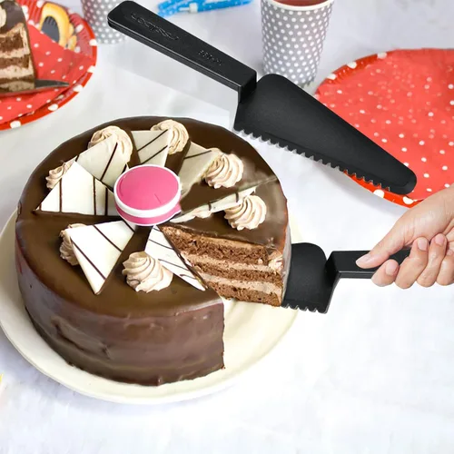 Vista 7 de 50 piezas desechables de plástico cortador de tartas, espátula de plástico negro para tartas, utensilios de servir desechables para pizza