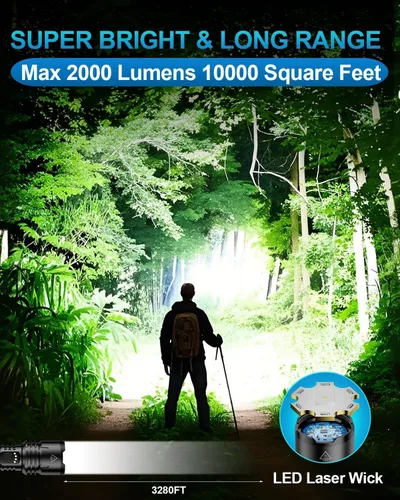 Vista 2 de Linterna de 2000 lúmenes de alta luminosidad con lente de encendido, linterna LED recargable superbrillante con zoom, 5 modos, impermeable, linterna